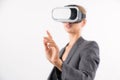 Smart leader touching at program or working while using VR glasses. Contraption. Royalty Free Stock Photo