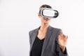 Smart leader touching at program or working while using VR glasses. Contraption. Royalty Free Stock Photo
