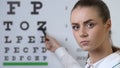 Professional female oculist pointing at letter on chart, farsightedness disease