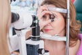 Professional female ophthalmologist is checking human eyes