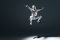 Professional fencer in fencing mask with rapier jumping