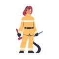 Professional firefighter with axe and hose. Fireman character in uniform and hat with rescue equipment. Rescue emergency