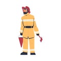 Professional firefighter with bucket and axe. Fireman character in uniform and hat with rescue equipment. Rescue