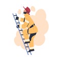 Professional firefighter climbing ladder. Fireman in uniform and hat with rescue equipment. Rescue emergency service in