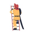 Professional firefighter climbing ladder. View from behind of fireman in uniform and hat with rescue equipment. Rescue