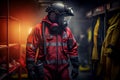 Professional firefighter dressed in special uniform with gas mask. Portrait of a fireman wearing firefighter turnouts