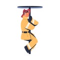 Professional firefighter on fire station pole. Fireman character in uniform and hat with rescue equipment. Rescue