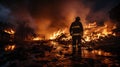 A professional firefighter puts out the flames. A burning house and a man in uniform, view from the back.