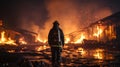 A professional firefighter puts out the flames. A burning house and a man in uniform, view from the back.