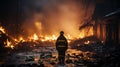 A professional firefighter puts out the flames. A burning house and a man in uniform, view from the back.