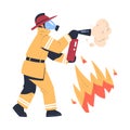 Professional firefighter putting out fire using extinguisher. Fireman character in uniform, mask and hat with rescue