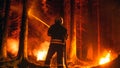 Professional Firefighter Quickly Extinguishing a Forest Fire with the Help of a Fire Hose. Fireman