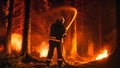 Professional Firefighter Quickly Extinguishing a Forest Fire with the Help of a Fire Hose. Fireman