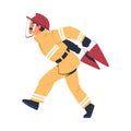 Professional firefighter running with buckets. Fireman character in uniform and hat with rescue equipment. Rescue