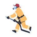 Professional firefighter running with hose. Fireman character in uniform, mask and hat with rescue equipment. Rescue Royalty Free Stock Photo