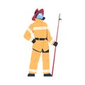 Professional firefighter standing with scrap. Fireman character in uniform, mask and hat with rescue equipment. Rescue