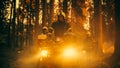 Professional Firefighters Crew Walking and Riding an ATV in Forest, Controlling a Wildland Fire