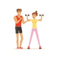 Professional fitness coach exercising with dumbbells, people exercising under control of personal trainer vector