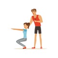 Professional fitness coach and young woman squatting, people exercising under control of personal trainer vector