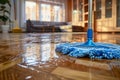 Professional floor cleaning with mop and cleanser foam on parquet surface with cleaning tools Royalty Free Stock Photo