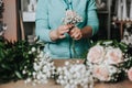 Professional floristics studio, tying a wedding flower, flower shop