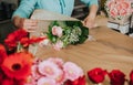 Professional floristics studio, tying a wedding flower, flower shop