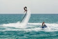 Professional fly board rider on Mediterranean Sea. Water summer extreme sports concept. Kemer, Turkey - June 10, 2019