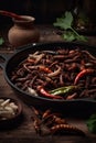 Professional food photo fajitas made out of worms and roaches in cafe. Insects are cheap and nutritious food in the not