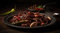 Professional food photo fajitas made out of worms and roaches in cafe. Insects are cheap and nutritious food in the not