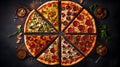 Professional food photography of different kinds slices in one pizza, decorated with seasonings, view from top