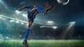 Football or soccer player in action on stadium with flashlights, kicking ball for winning goal, wide angle. Action Royalty Free Stock Photo