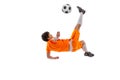 Professional football, soccer player in motion isolated on white studio background. Concept of sport, match, active