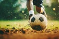 Professional footballer dribbling football, close-up of a foot kicking a soccer ball on the field, dirt flying to the