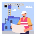 Professional foreman in protective waistcoat and helmet, holding project and checking process