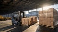 Professional forklift stacker loader operator loading cardboard boxes in a spacious warehouse