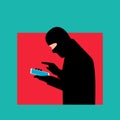 A professional fraudster uses a smartphone. The fraudster calls on a mobile phone. The concept of phone fraud, hacker