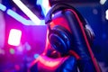 Professional gamers room with headphones microphone for cyber esports and video games on neon background of gaming Royalty Free Stock Photo