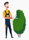 Professional gardener pruning tree with pruners or garden shears. Man working with shrubs in backyard. Colored flat