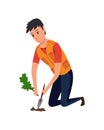 Professional gardener with shovel digging hole in garden. Man buries seedling in ground for planting trees. Professional