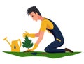 Professional gardener with shovel digging hole in garden. Man buries seedling in ground for planting trees. Professional