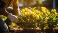 Professional gardener skillfully pruning plants with gloved hands on a bright and sun filled day