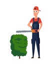 Professional gardener trimming plant with hedge trimmer. Man working in backyard. Colored flat vector illustration of