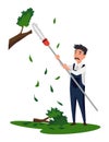 Professional gardener trimming plant with hedge trimmer. Man working in backyard. Colored flat vector illustration of