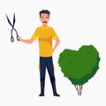 Professional gardener trimming plant with hedge trimmer. Man working in backyard. Colored flat vector illustration of