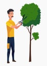 Professional gardener trimming plant with hedge trimmer. Man working in backyard. Colored flat vector illustration of