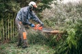 Professional gardener using chainsaw