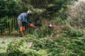 Professional gardener using chainsaw