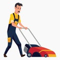 Professional gardener working on backyard and mowing lawn with electric mower. Male handyman cutting grass in garden Royalty Free Stock Photo