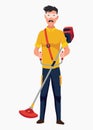 Professional gardener working on backyard and mowing lawn with electric mower. Male handyman cutting grass in garden Royalty Free Stock Photo