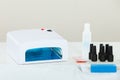 Professional gel hybrid manicure set at beautician salon